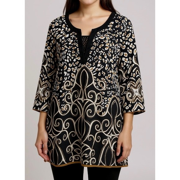 JM Collection Tops - JM Collection XL Tunic Top Black Gold Animal Scroll Print Studded 3/4 Sleeve